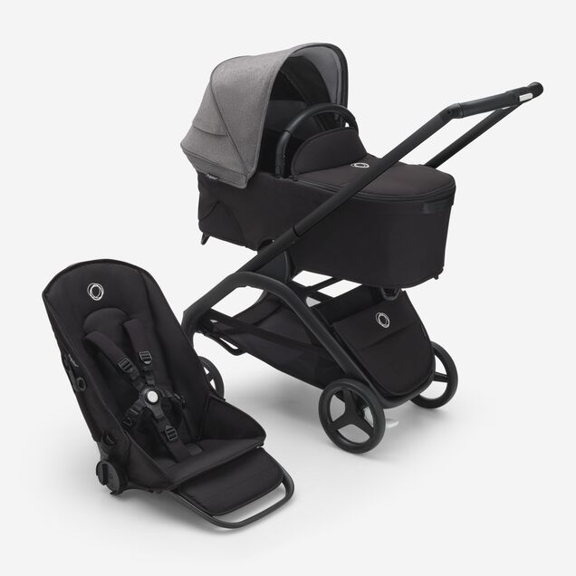 Refurbished Bugaboo Dragonfly bassinet and seat stroller black base, midnight black fabrics, grey melange sun canopy - Main Image Slide 1 of 11