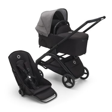Refurbished Bugaboo Dragonfly bassinet and seat stroller black base, midnight black fabrics, grey melange sun canopy