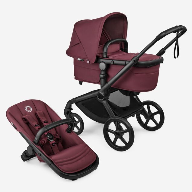 Bugaboo Fox 5 Renew bassinet and seat 2-in-1 stroller, with black chassis, Dark Cherry fabrics, and Dark Cherry sun canopy. - Main Image Slide 1 of 12