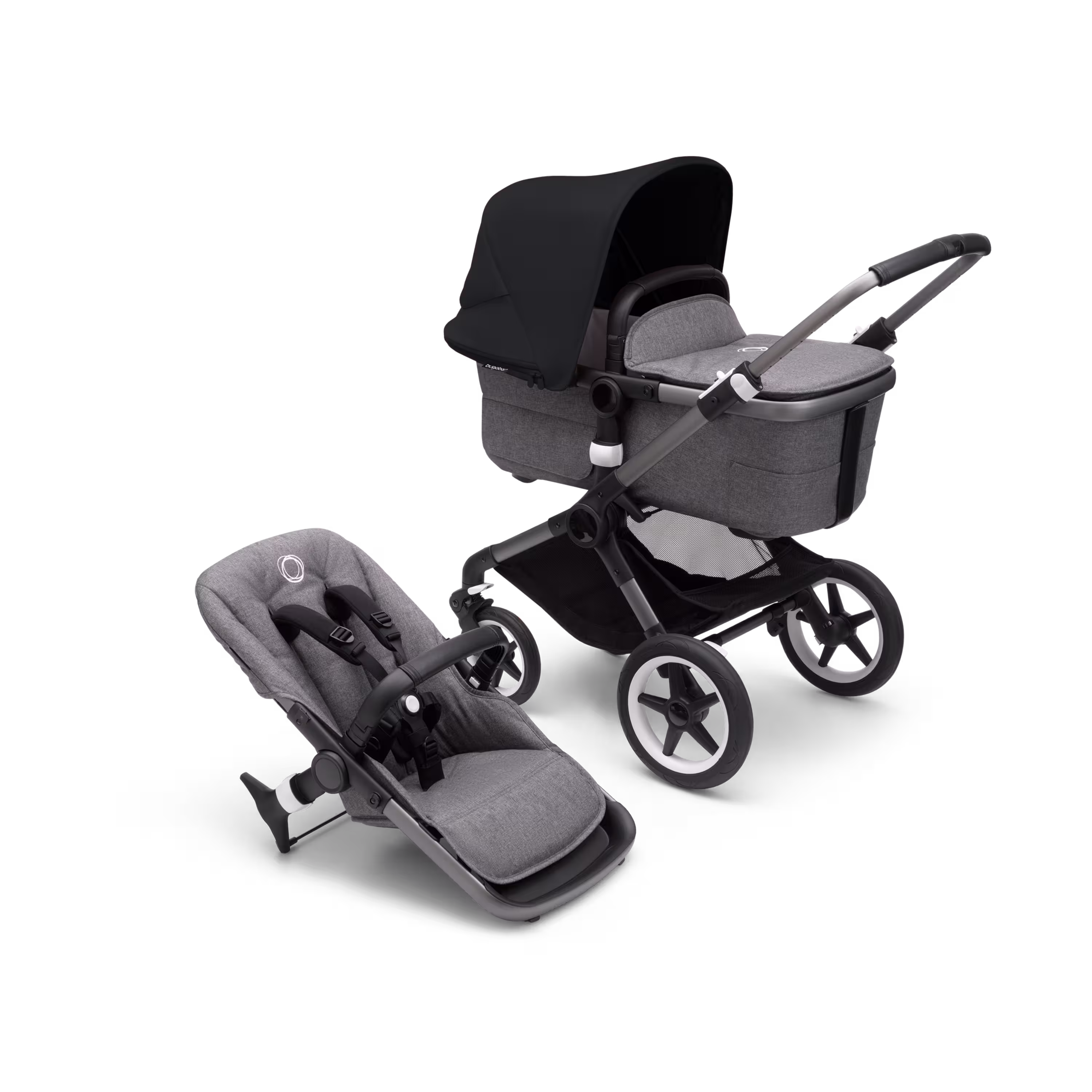 Bugaboo Fox 3 bassinet and seat stroller with graphite frame, grey melange fabrics, and black sun canopy. - Main Modal Image Slide 1 of 7