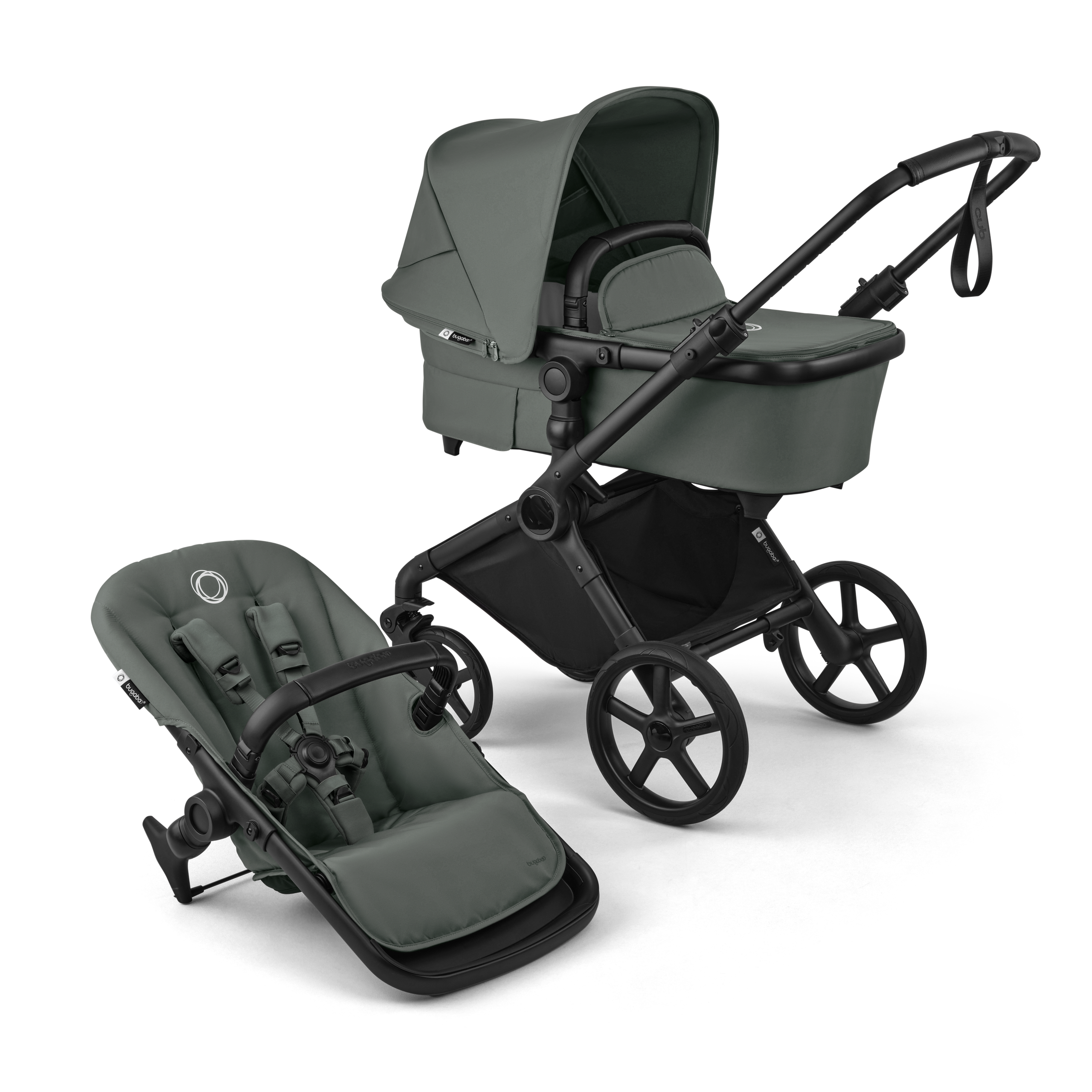 Bugaboo Cub 2-in-1 pushchair black base, forest green fabrics, forest green sun canopy - Thumbnail Slide 1 of 12