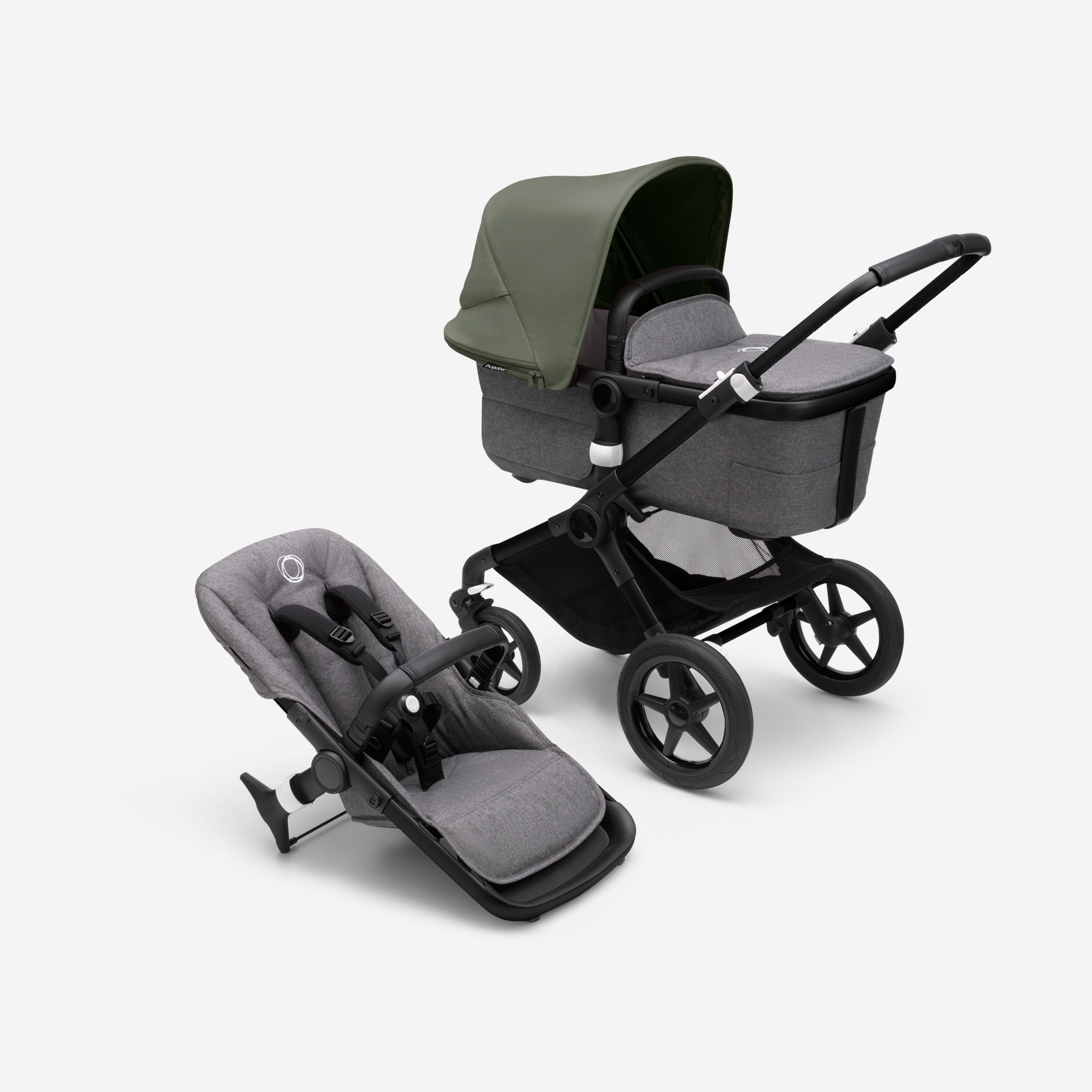 Bugaboo Fox 3 bassinet and seat stroller with black frame, grey melange fabrics, and forest green sun canopy. - Main Modal Image Slide 1 of 7