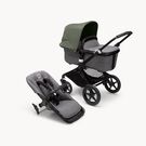 Bugaboo Fox 3 bassinet and seat stroller black base, grey melange fabrics, forest green sun canopy