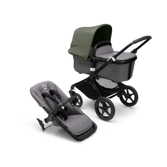 Bugaboo Fox 3 bassinet and seat stroller with black frame, grey melange fabrics, and forest green sun canopy. - Main Image Slide 1 of 7