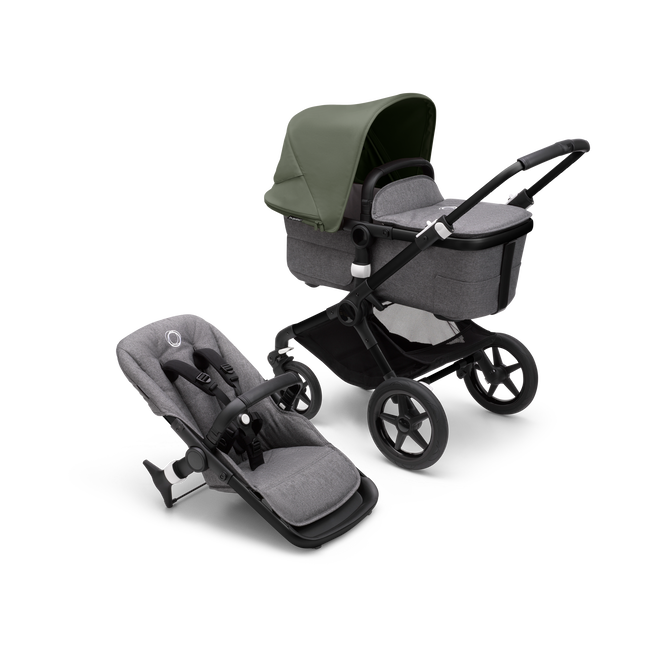 Bugaboo Fox 3 bassinet and seat stroller with black frame, grey melange fabrics, and forest green sun canopy.