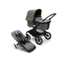 Bugaboo Fox 3 bassinet and seat stroller with black frame, grey melange fabrics, and forest green sun canopy. - Thumbnail Slide 1 of 7