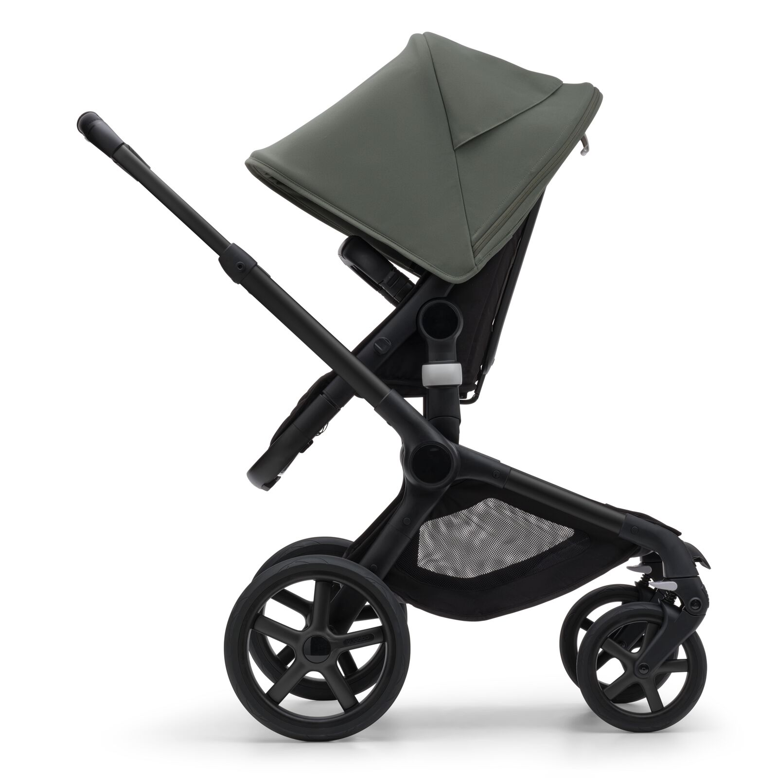 Side view of the Bugaboo Fox 5 seat stroller with black chassis, midnight black fabrics and forest green sun canopy.
