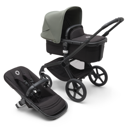 Bugaboo Fox 5 bassinet and seat pram with black chassis, midnight black fabrics and forest green sun canopy.