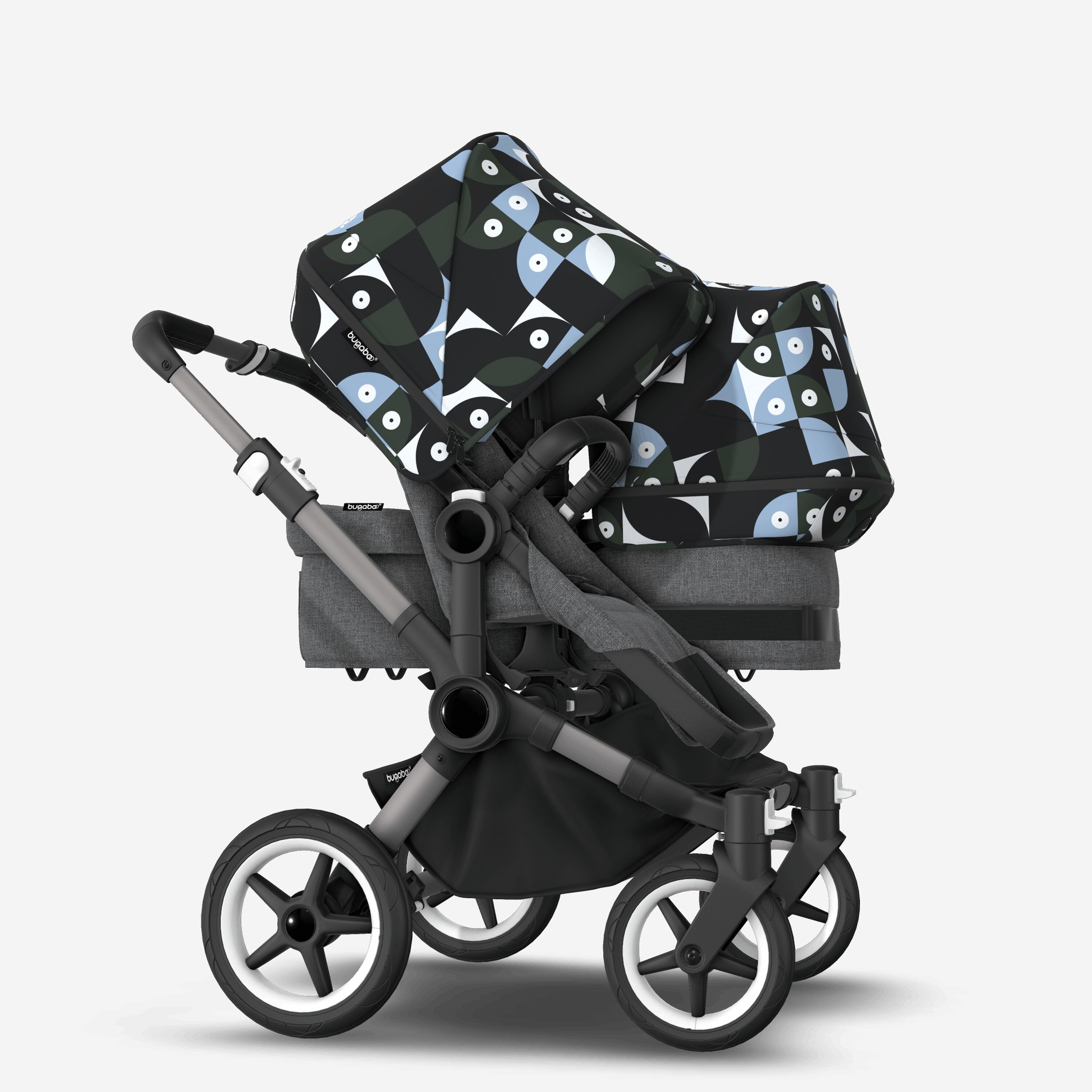 Bugaboo Donkey 5 Duo double stroller graphite base, grey mélange fabrics, animal explorer green/ light blue sun canopy - Main Modal Image Slide 2 of 10
