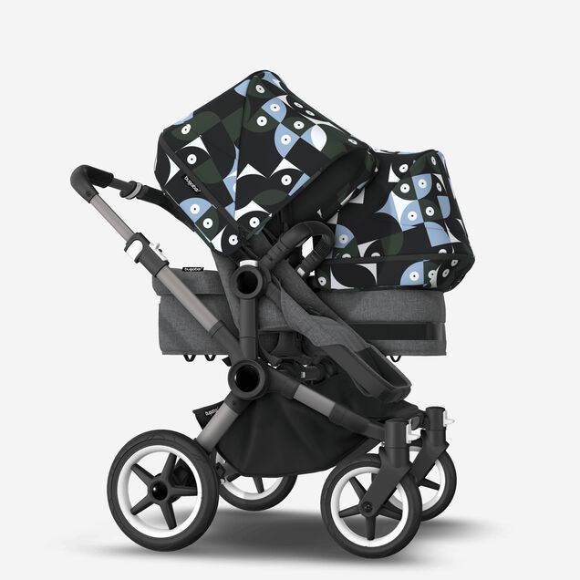 Bugaboo Donkey 5 Duo double stroller graphite base, grey mélange fabrics, animal explorer green/ light blue sun canopy - Main Image Slide 2 of 10