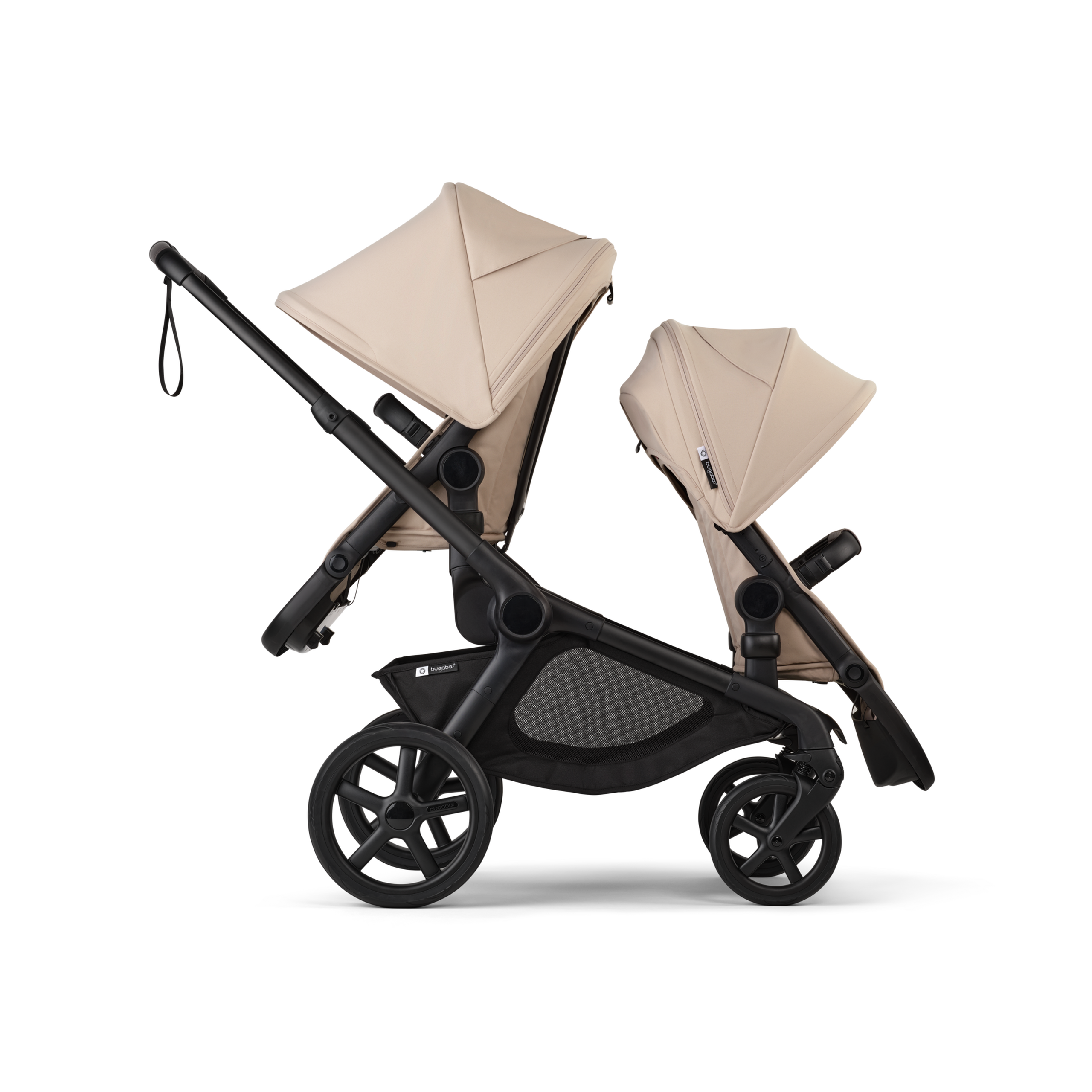 Side view of Bugaboo Kangaroo 2-in-1 tandem stroller with two seats, one facing parent and the other facing the world, with Desert Taupe fabrics and Desert Taupe sun canopies. - Thumbnail Slide 4 of 18