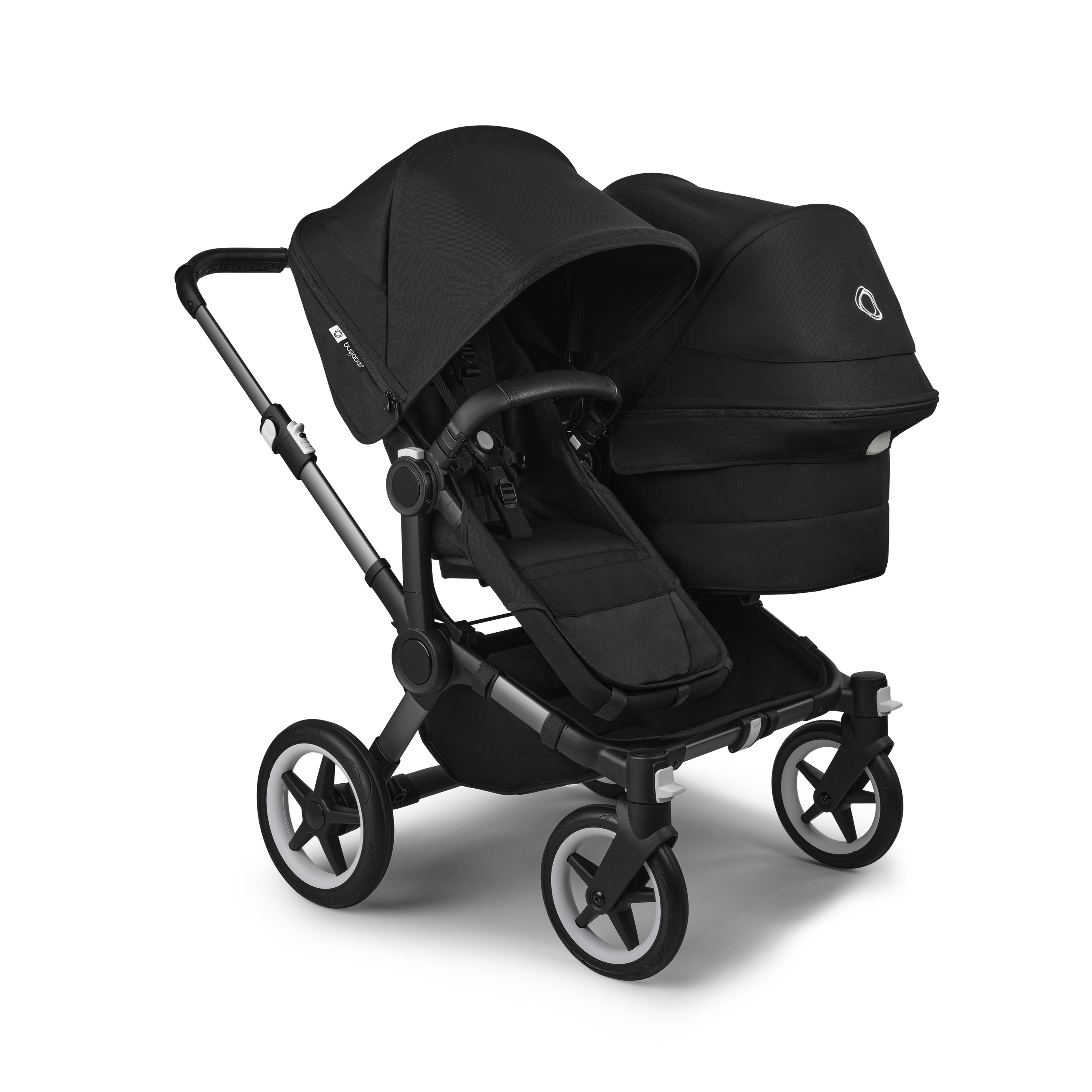Bugaboo Donkey 5 Duo double stroller graphite base, midnight black fabrics, midnight black sun canopy - Thumbnail Slide 1 of 11