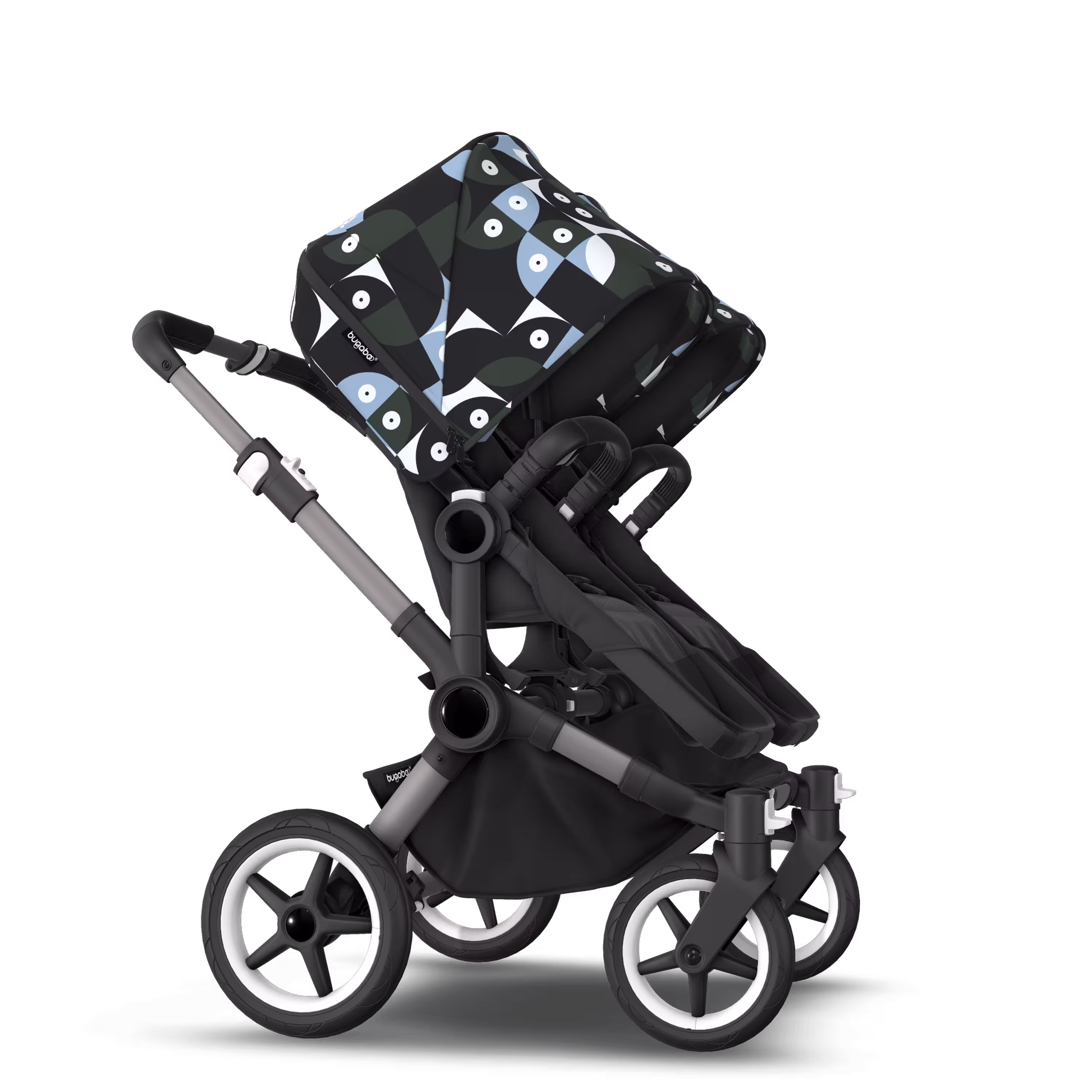 Bugaboo Donkey 5 twin stroller graphite base, midnight black fabrics, animal explorer green/light blue sun canopy - Main Modal Image Slide 4 of 12