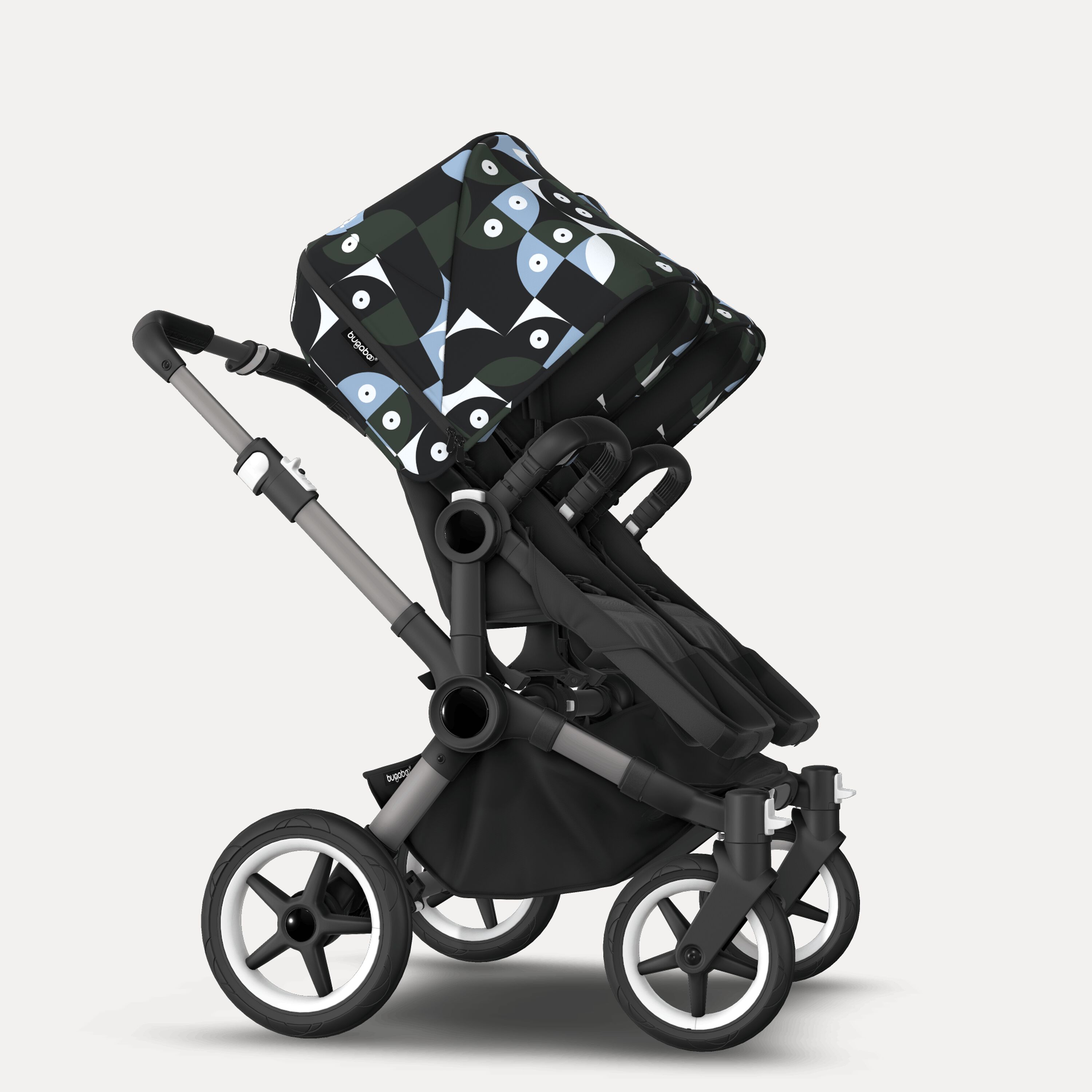 Bugaboo Donkey 5 twin stroller graphite base, midnight black fabrics, animal explorer green/light blue sun canopy - Main Modal Image Slide 4 of 12