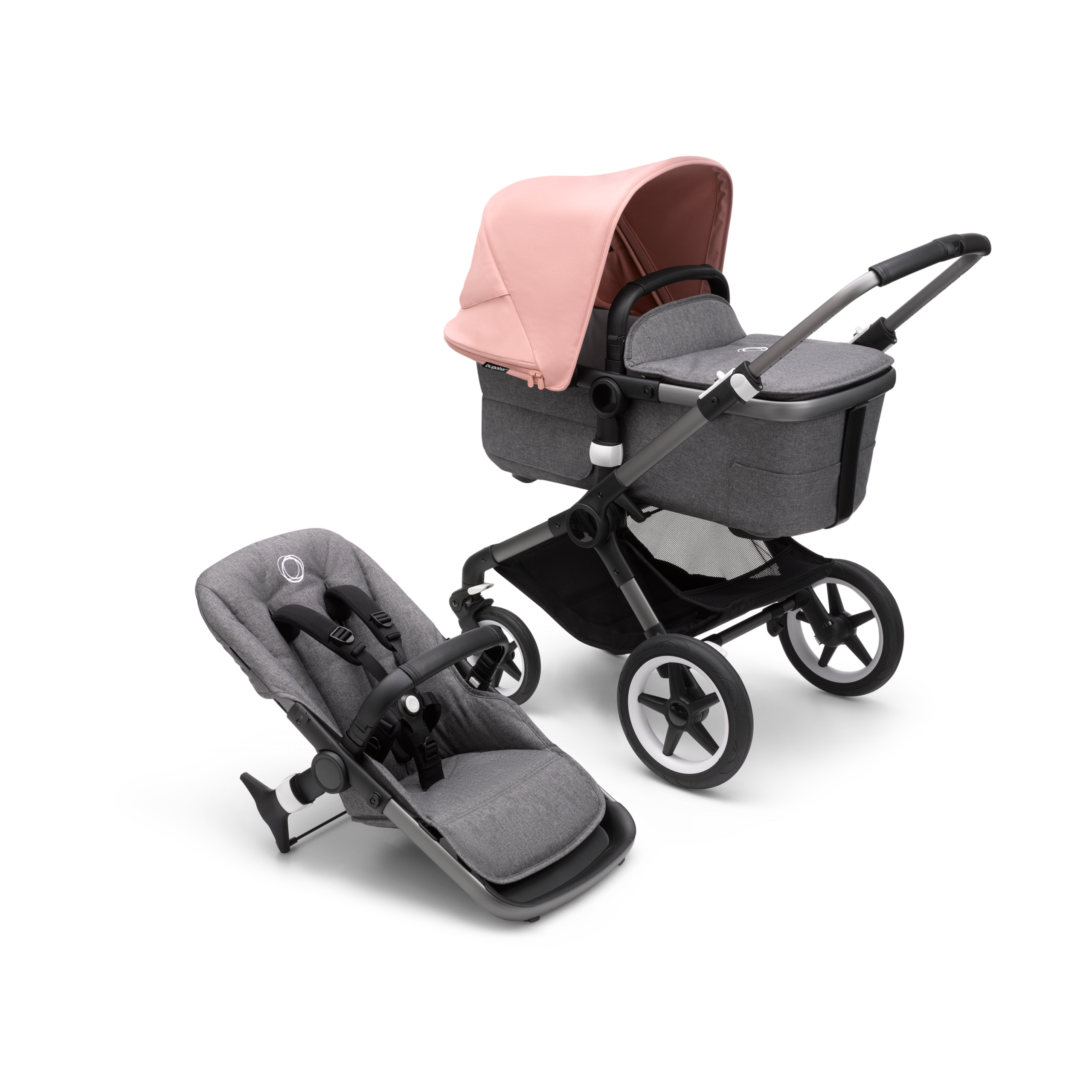 Bugaboo Fox 3 bassinet and seat stroller graphite base, grey melange fabrics, morning pink sun canopy - Thumbnail Slide 1 of 7