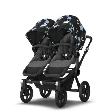 Bugaboo Donkey 5 twin stroller black base, grey mélange fabrics, animal explorer green/light blue sun canopy - view 2