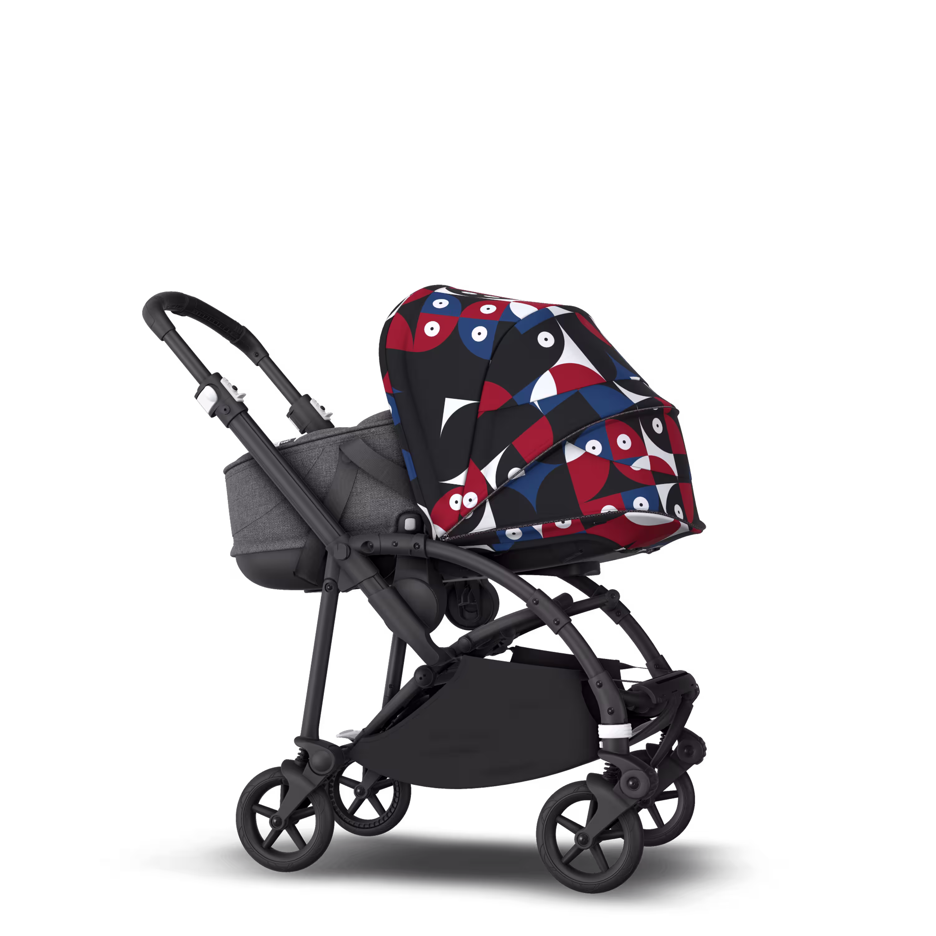 Bugaboo Bee 6 bassinet and seat stroller black base, grey fabrics, animal explorer red/blue sun canopy - Main Modal Image Slide 3 of 6