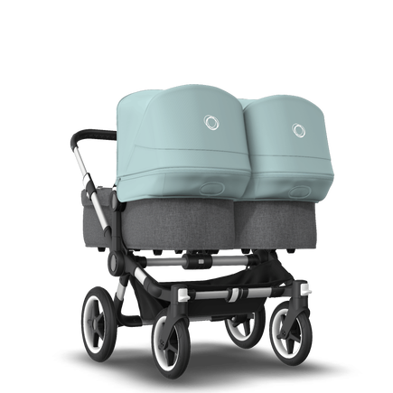 Bugaboo Donkey 3 Twin seat and carrycot pushchair vapor blue sun canopy, grey melange fabrics, aluminium base