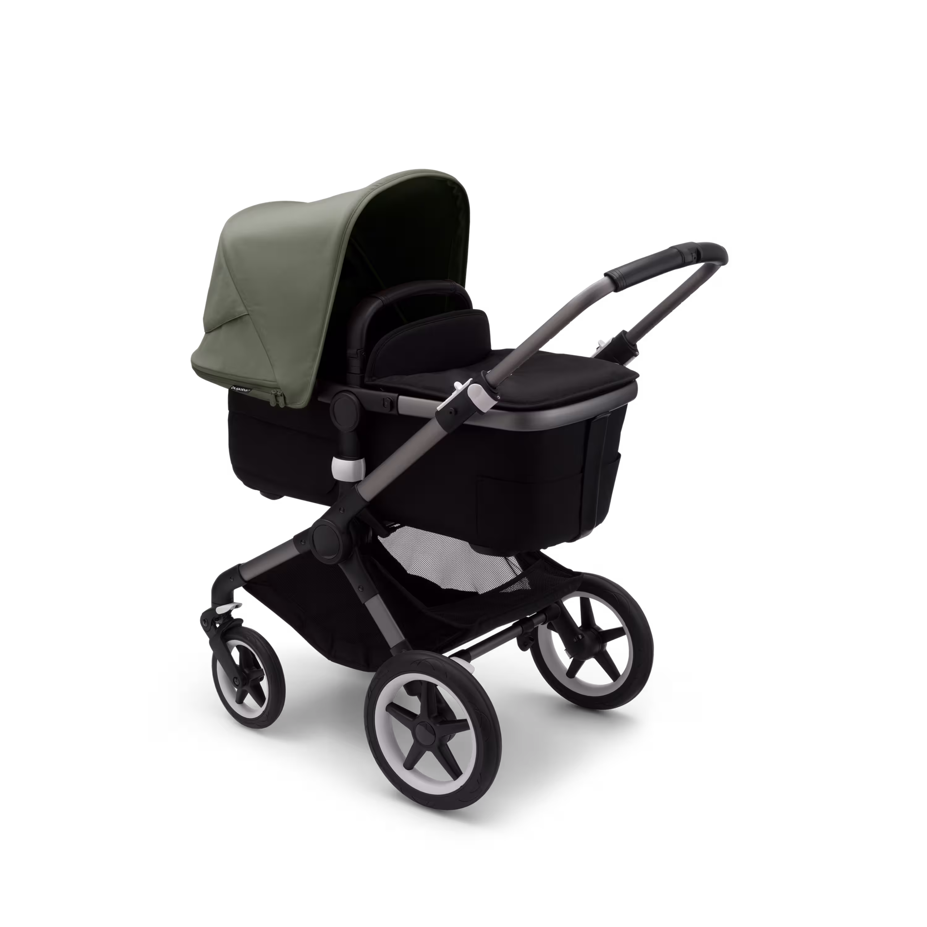 Bugaboo Fox 3 bassinet stroller with graphite frame, black fabrics, and forest green sun canopy. - Main Modal Image Slide 2 of 7