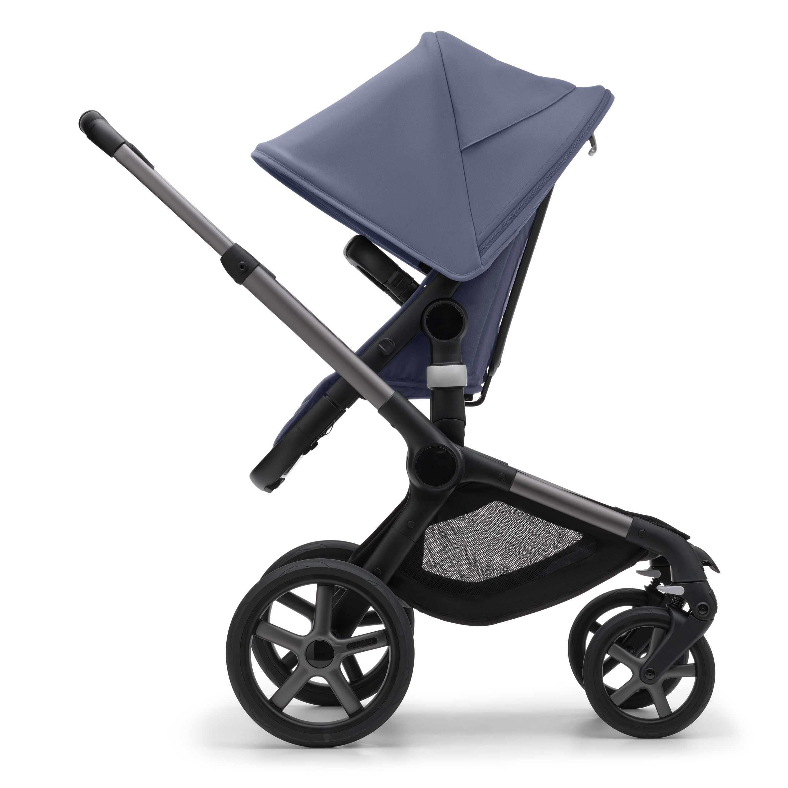 Side view of the Bugaboo Fox 5 seat stroller with graphite chassis, midnight black fabrics and stormy blue sun canopy. - Thumbnail Slide 3 of 12