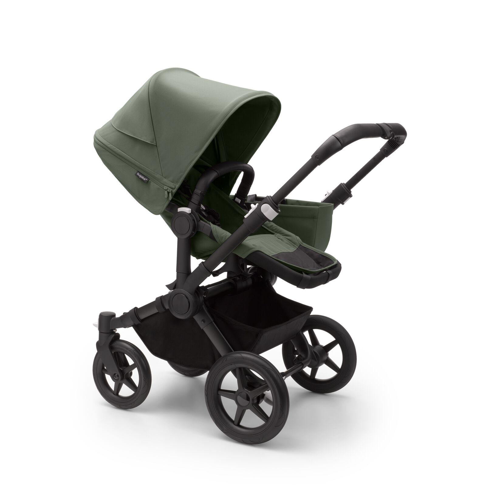 Bugaboo Donkey 5 Mono bassinet and seat stroller black base, forest green fabrics, forest green sun canopy