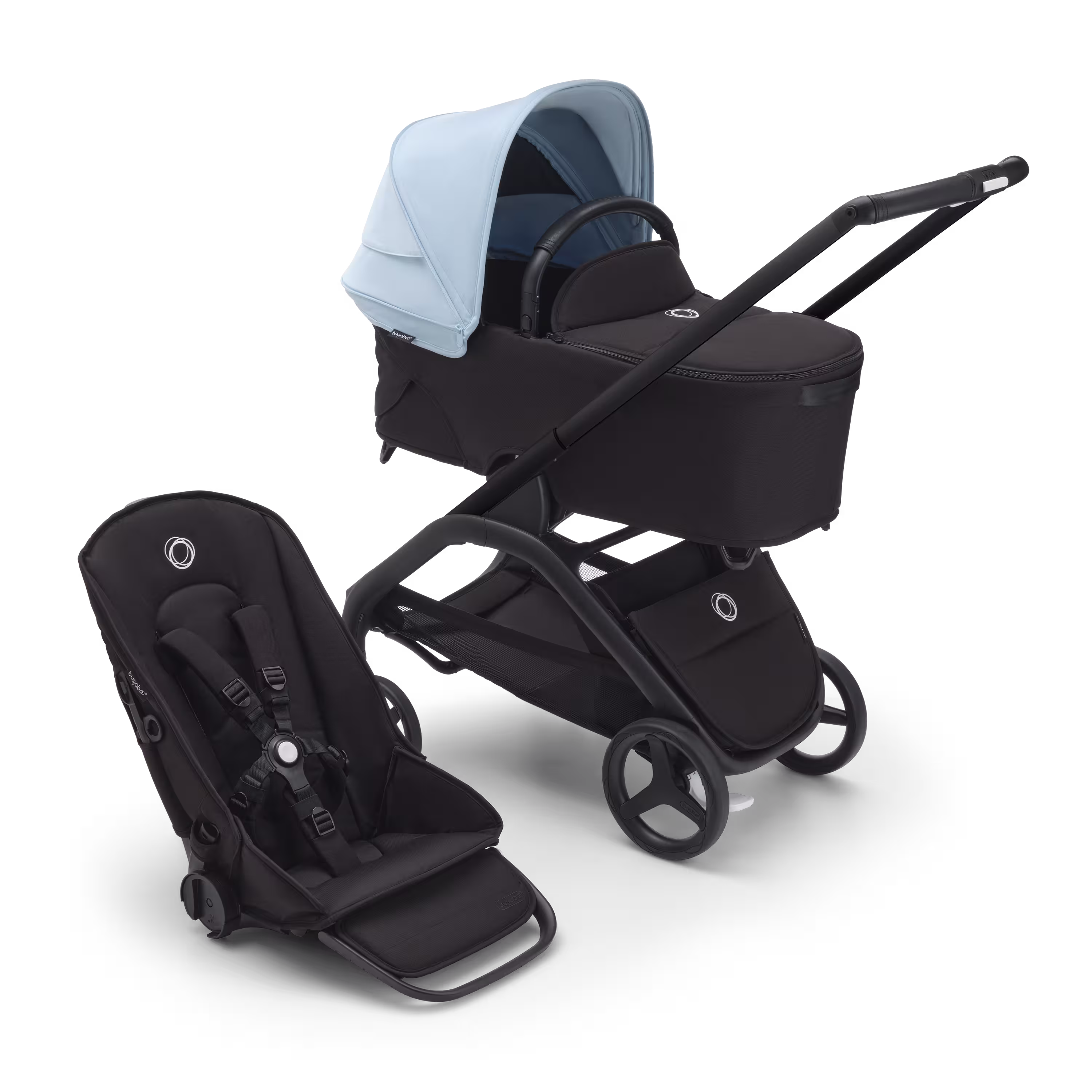 Bugaboo Dragonfly kinderwagen met wieg en stoel met black onderstel, midnight black bekleding en skyline blue zonnekap. - Main Modal Image Slide 1 van 16