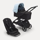 Bugaboo Dragonfly kinderwagen met wieg en stoel met black onderstel, midnight black bekleding en skyline blue zonnekap.