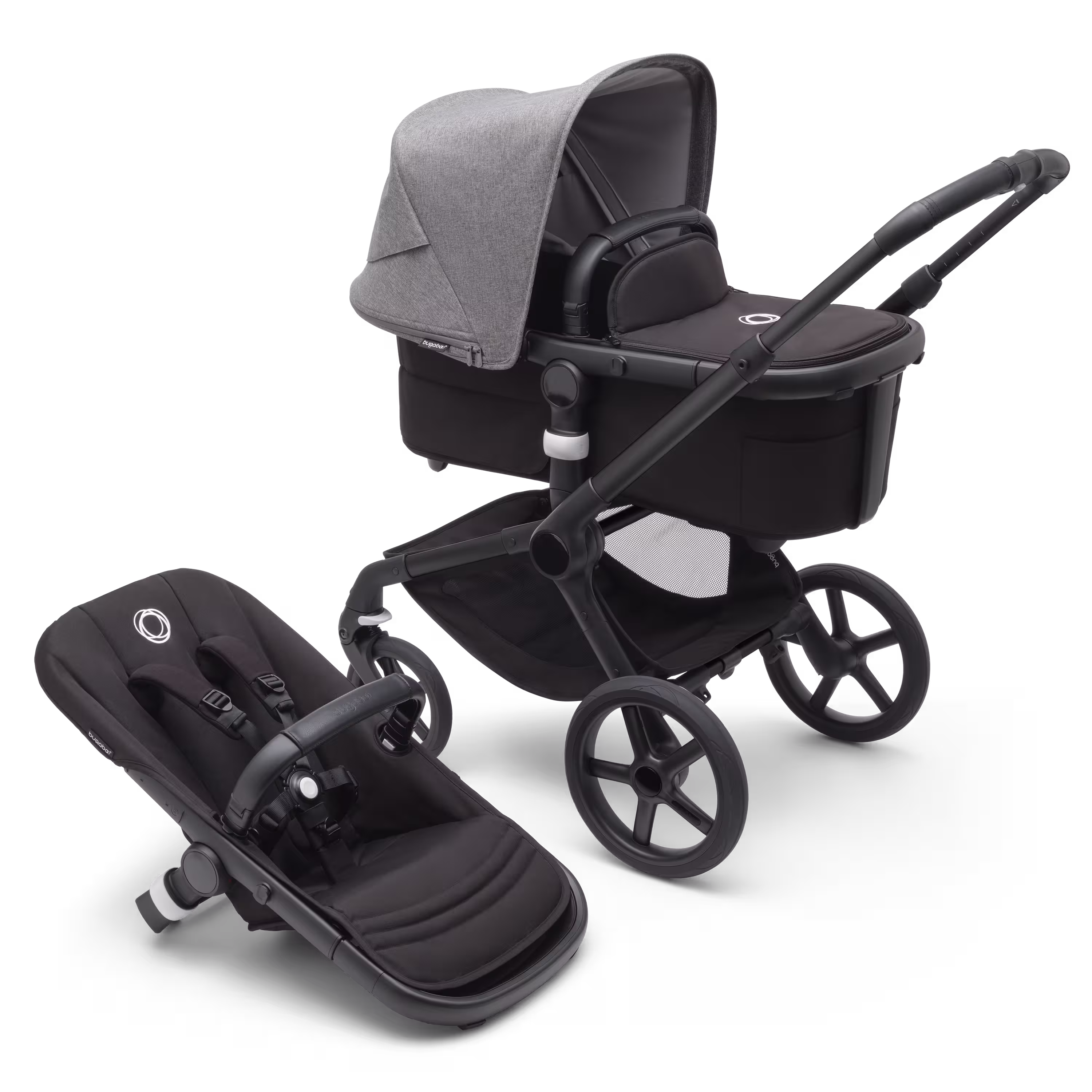 Refurbished Bugaboo Fox 5 bassinet and seat stroller black base, midnight black fabrics, grey melange sun canopy test - Main Modal Image Slide 1 of 9