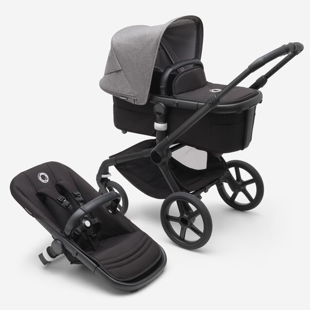 Refurbished Bugaboo Fox 5 bassinet and seat stroller black base, midnight black fabrics, grey melange sun canopy test - Main Image Slide 1 of 9