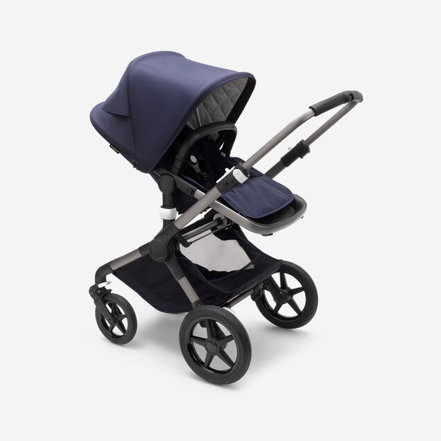 Bugaboo Fox 3 seat pushchair with graphite frame, dark navy fabrics, and dark navy sun canopy. - Main Image Slide 10 of 13