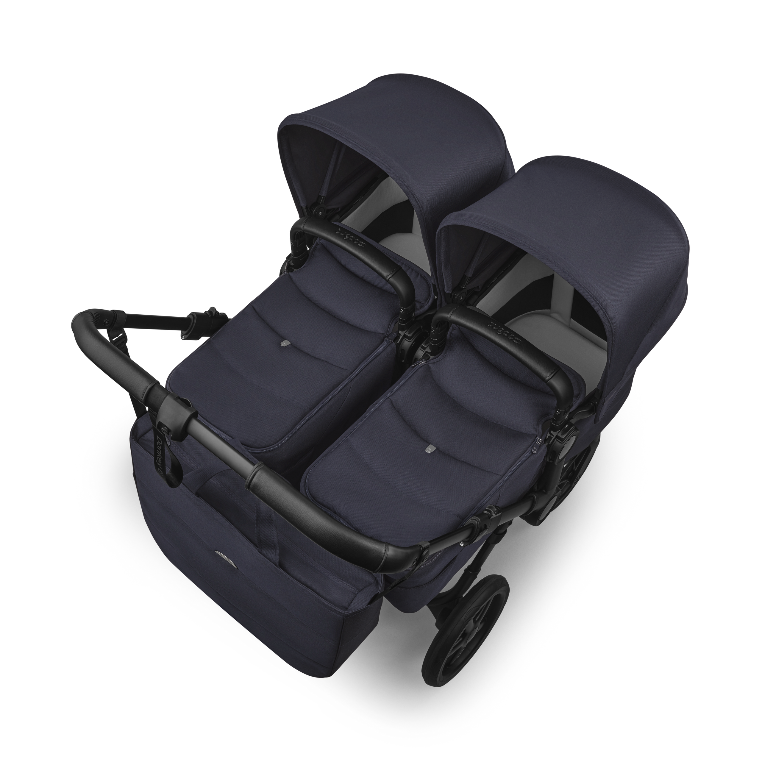 Bugaboo Donkey 6 twin stroller black base, deep indigo fabrics, deep indigo sun canopy view 3 - Thumbnail Slide 3 of 9