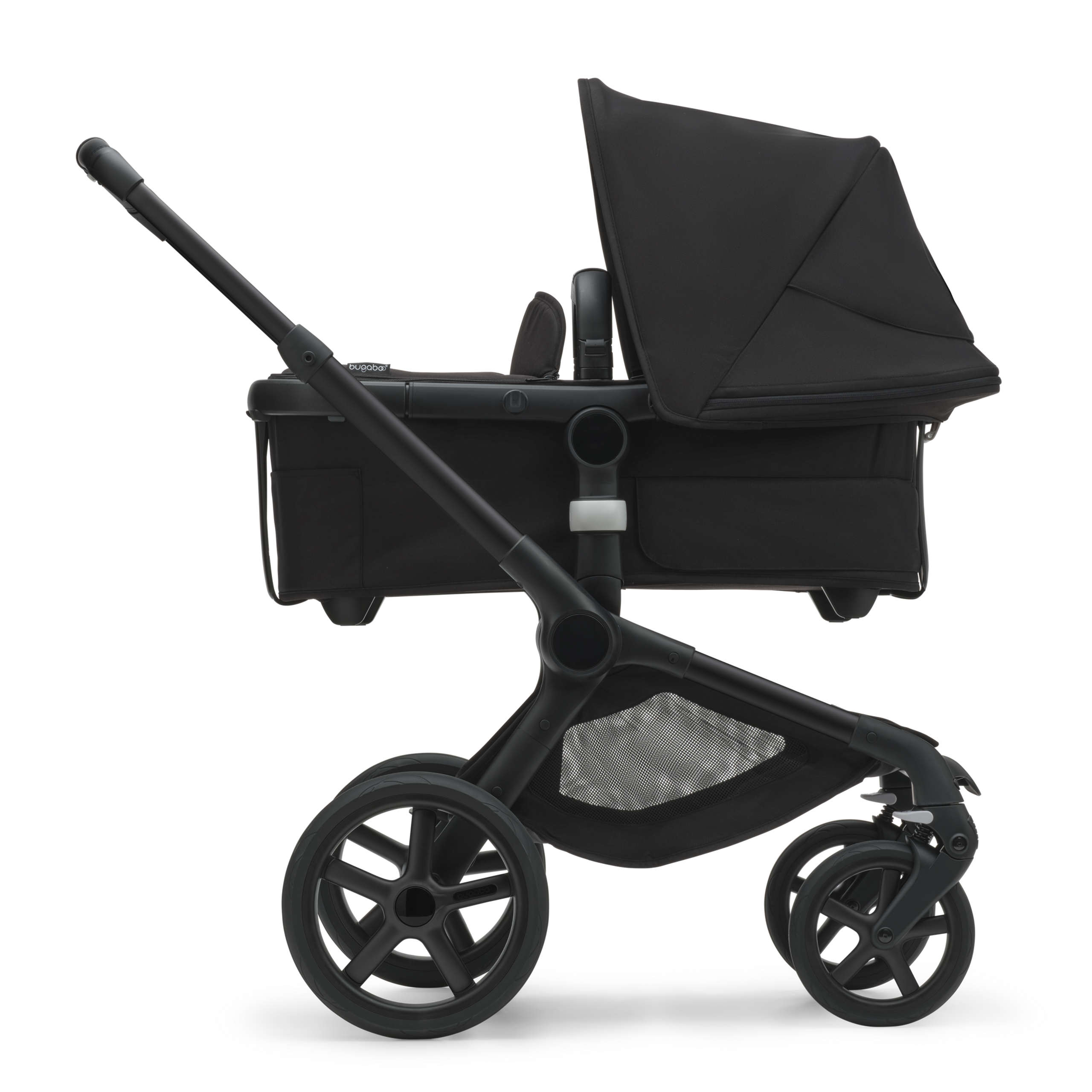 Side view of the Bugaboo Fox 5 bassinet stroller with black chassis, midnight black fabrics and midnight black sun canopy. - Thumbnail Slide 2 of 13