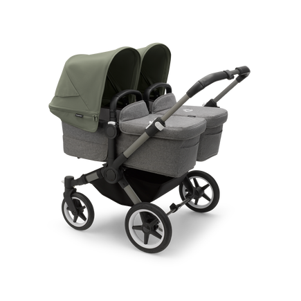 Bugaboo Donkey 5 Twin bassinet and seat stroller graphite base, grey mélange fabrics, forest green sun canopy - view 1