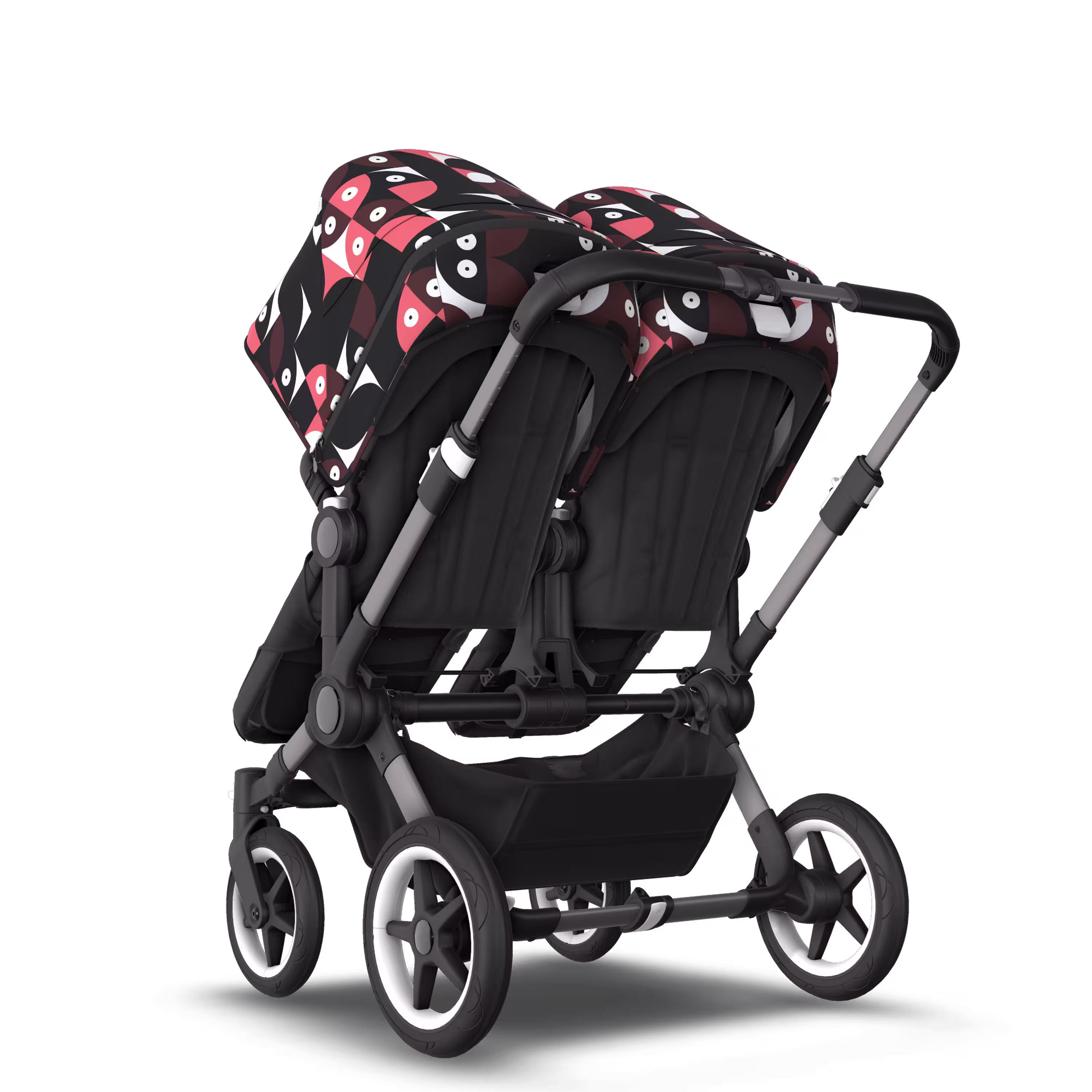 Bugaboo Donkey 5 twin stroller graphite base, midnight black fabrics, animal explorer pink/red sun canopy - Main Modal Image Slide 3 van 12