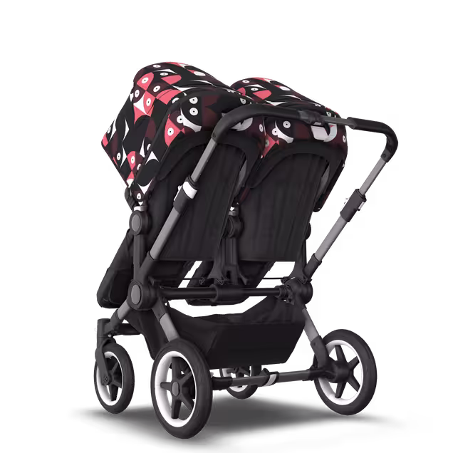 Bugaboo Donkey 5 twin stroller graphite base, midnight black fabrics, animal explorer pink/red sun canopy - Main Image Slide 3 van 12