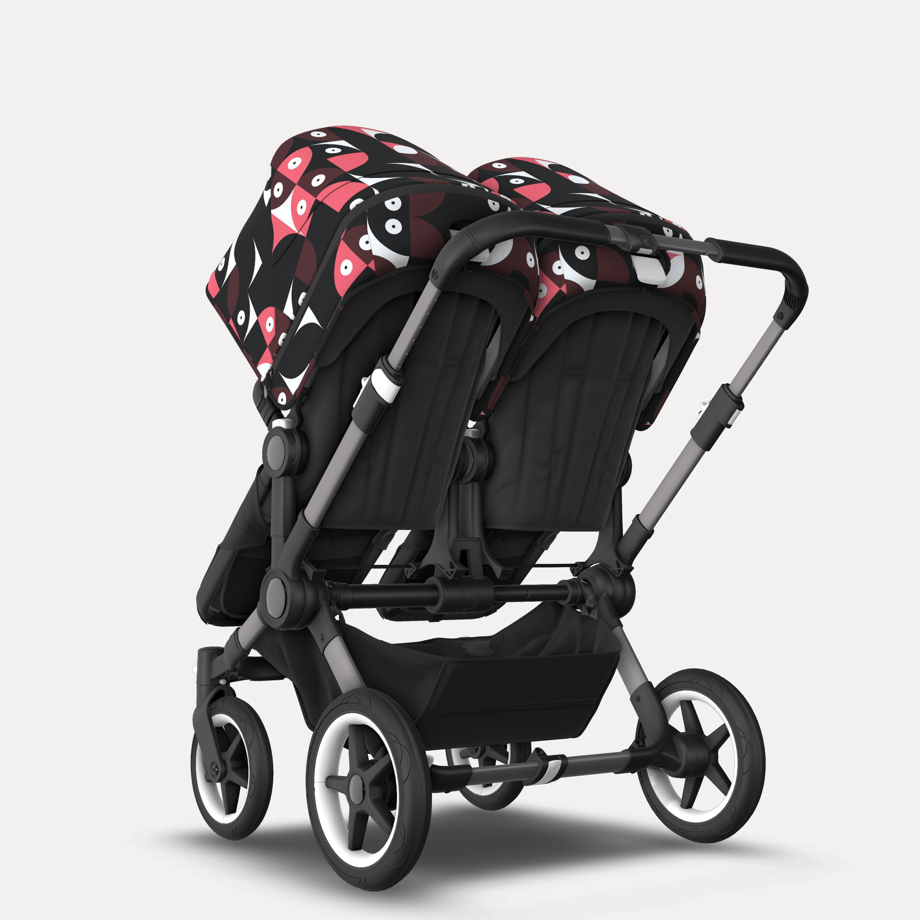 Bugaboo Donkey 5 twin stroller graphite base, midnight black fabrics, animal explorer pink/red sun canopy - Main Modal Image Slide 3 of 12