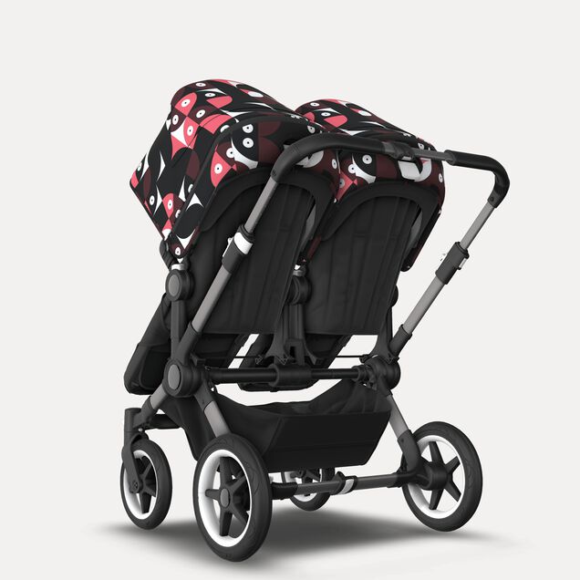 Bugaboo Donkey 5 twin stroller graphite base, midnight black fabrics, animal explorer pink/red sun canopy - Main Image Slide 3 of 12