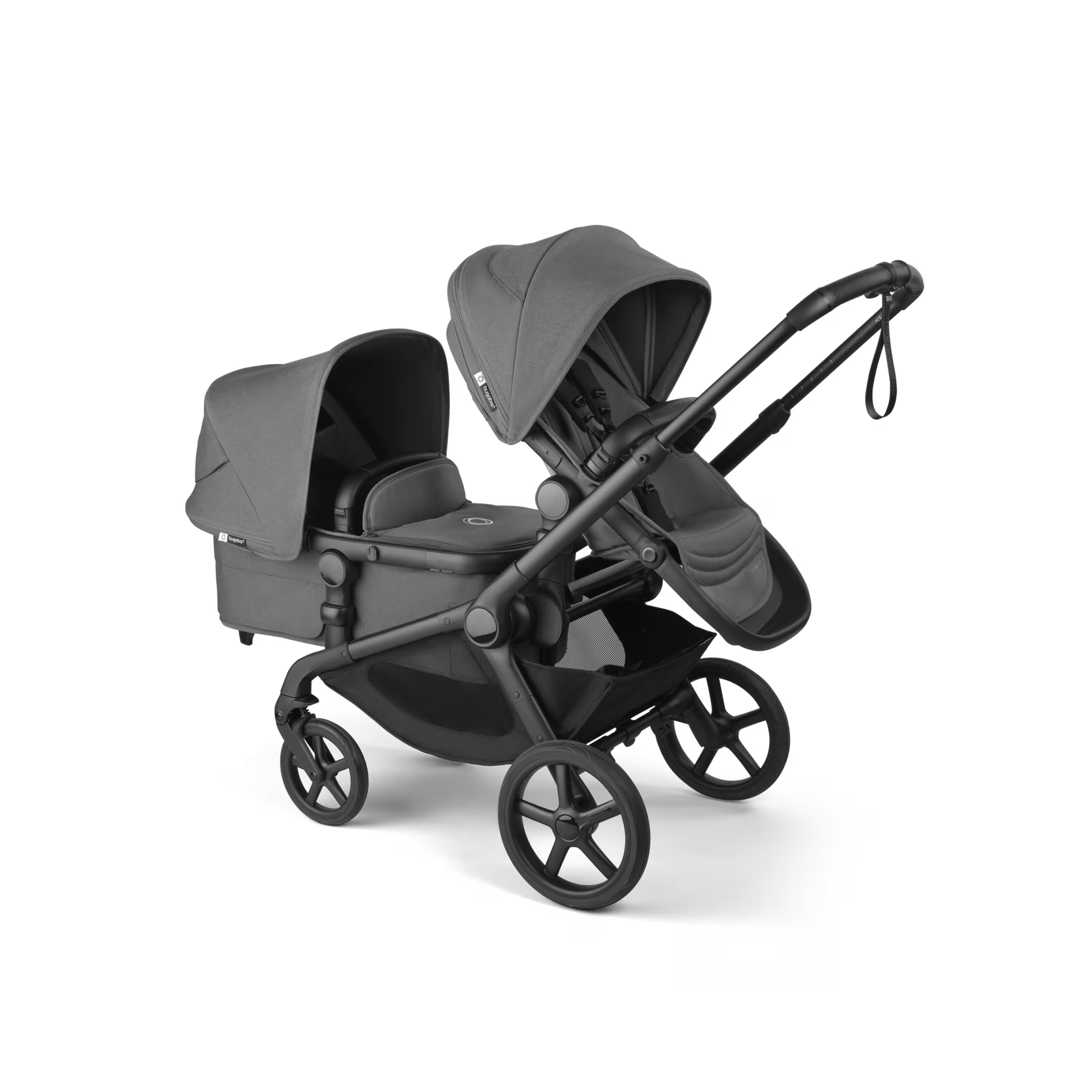 Bugaboo Kangaroo tandem pram black base, moon grey fabrics, moon grey sun canopy - Main Modal Image Slide 3 of 18