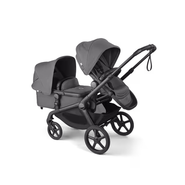 Bugaboo Kangaroo tandem pram black base, moon grey fabrics, moon grey sun canopy - Main Image Slide 3 of 18