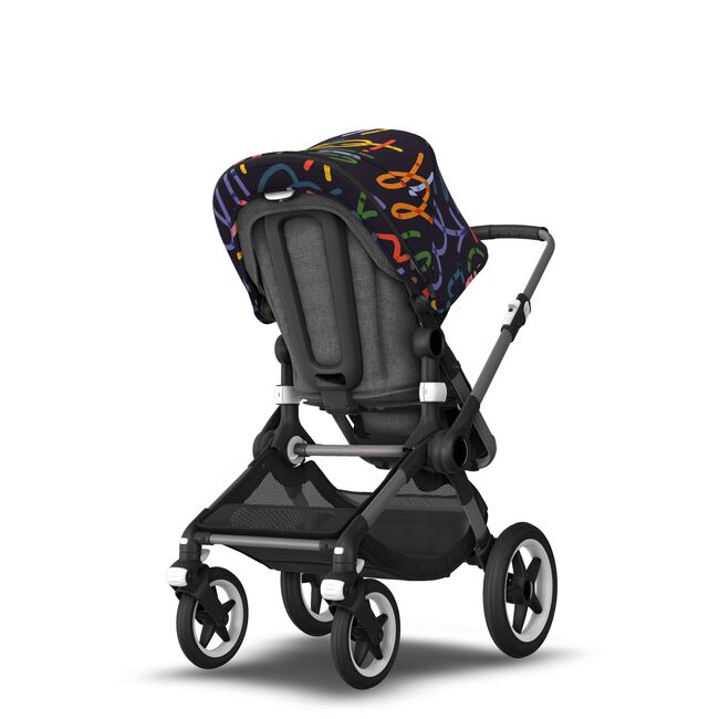 Bugaboo Fox 3 bassinet and seat stroller graphite base, grey melange fabrics, art of discovery dark blue sun canopy