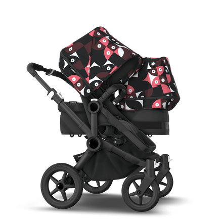Bugaboo Donkey 5 Duo bassinet and seat stroller black base, midnight black fabrics, animal explorer pink/ red sun canopy - view 2