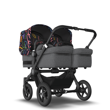 Bugaboo Donkey 5 Twin bassinet and seat stroller black base, grey mélange fabrics, art of discovery dark blue sun canopy - view 1