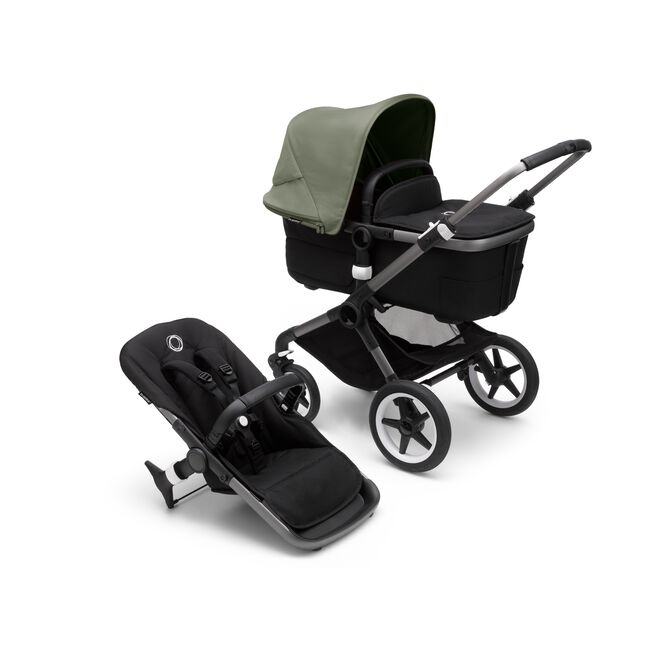 Bugaboo Fox 3 bassinet and seat stroller with graphite frame, black fabrics, and forest green sun canopy. - Main Image Slide 1 of 7