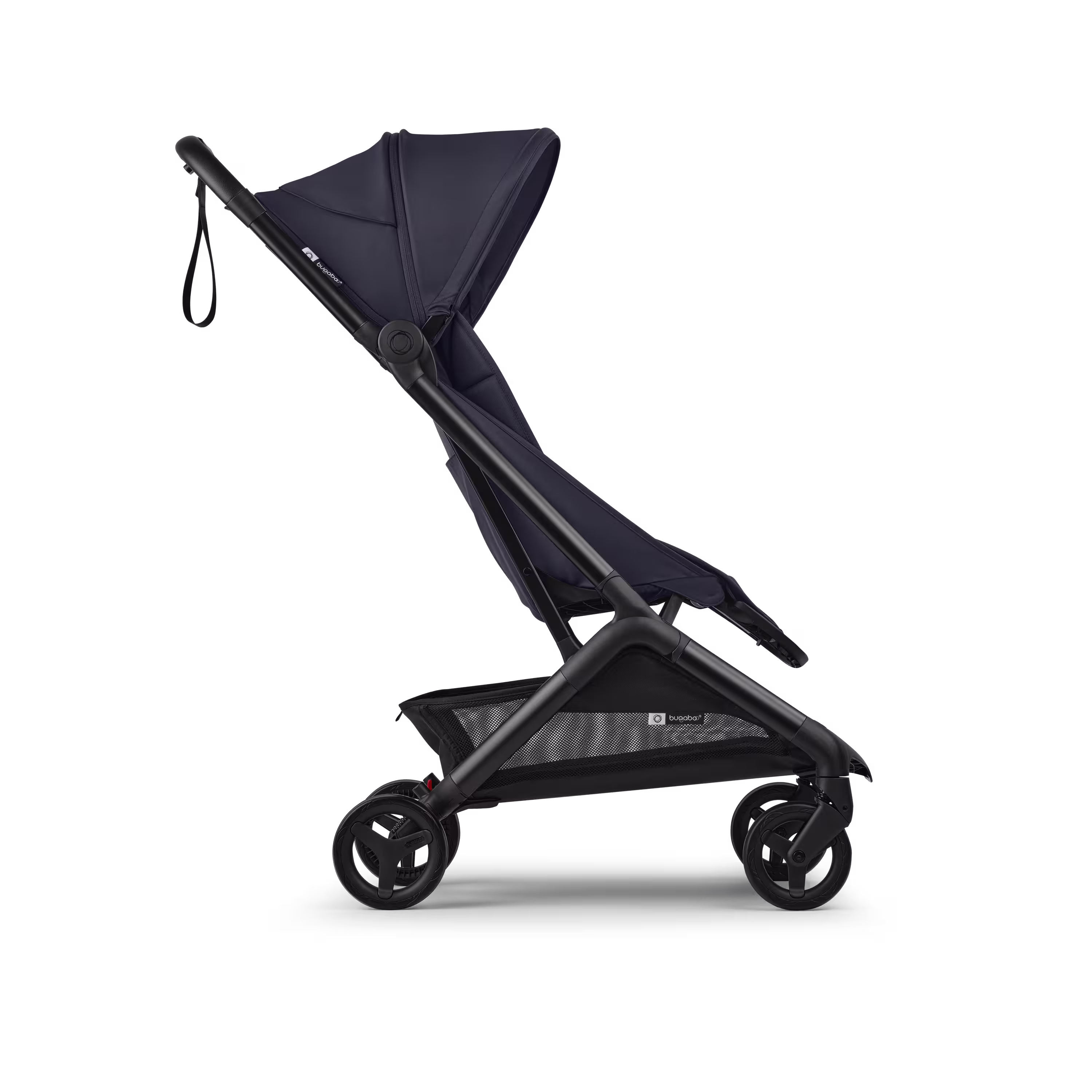 Side view of a Bugaboo Butterfly 2 ultra-compact travel pram with black chassis, Deep Indigo fabrics, and Deep Indigo sun canopy. - Main Modal Image Slide 2 of 9