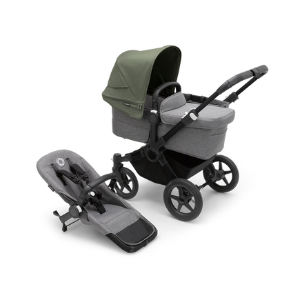 Bugaboo Donkey 5 Mono bassinet and seat stroller black base, grey mélange fabrics, forest green sun canopy - view 1