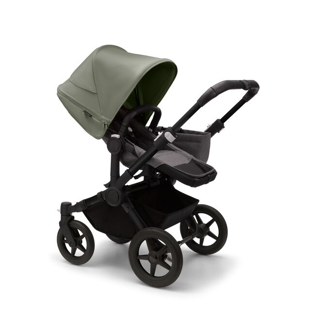 Bugaboo Donkey 5 Mono seat stroller with black chassis, grey melange fabrics and forest green sun canopy.