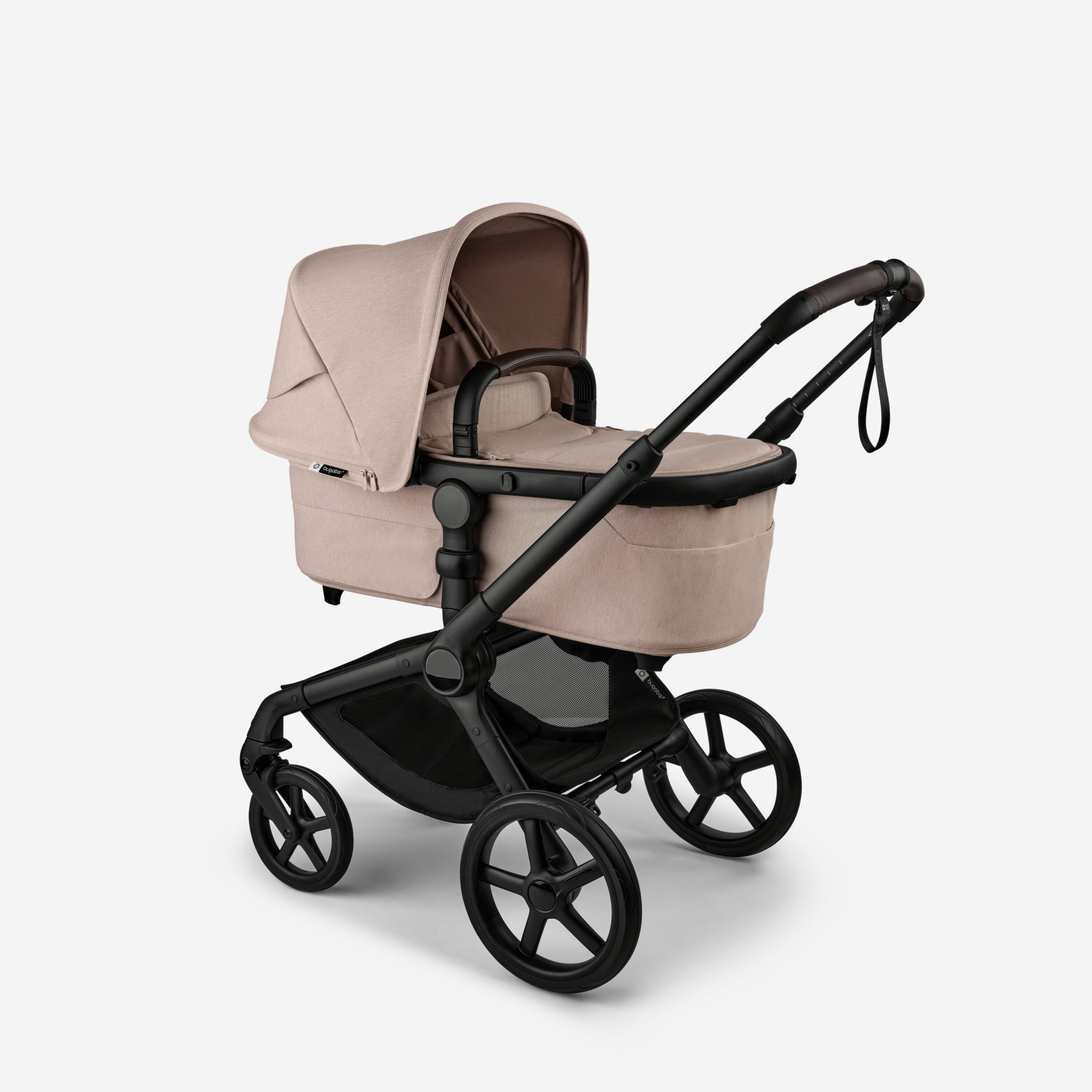 Bugaboo Fox 5 Renew bassinet newborn stroller, with black chassis, Desert Taupe Mélange fabrics, and Desert Taupe Mélange sun canopy. - Main Modal Image Slide 2 of 12