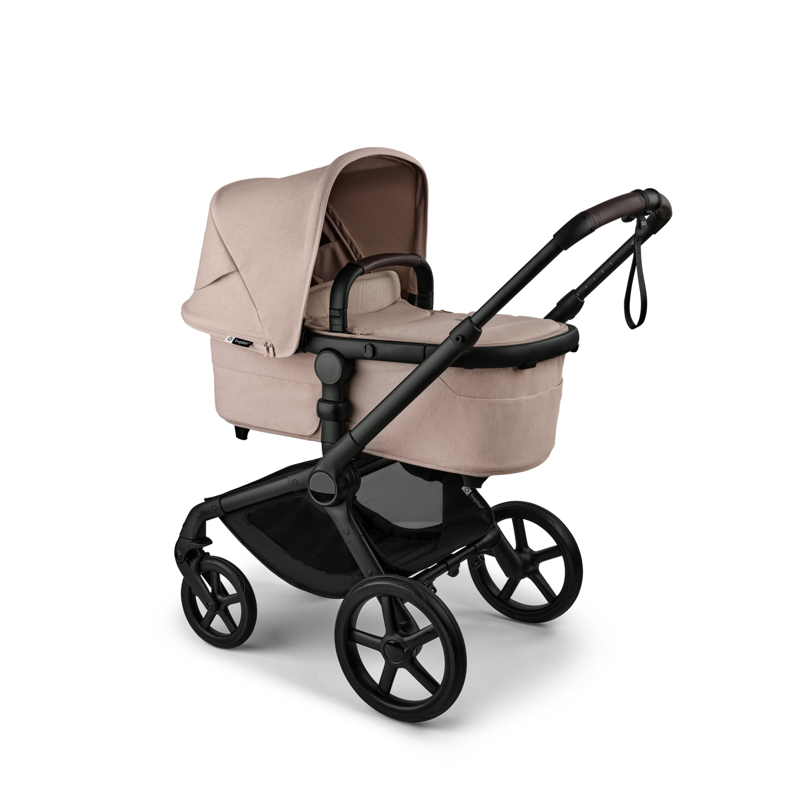 Bugaboo Fox 5 Renew bassinet newborn stroller, with black chassis, Desert Taupe Mélange fabrics, and Desert Taupe Mélange sun canopy. - Thumbnail Slide 2 of 12
