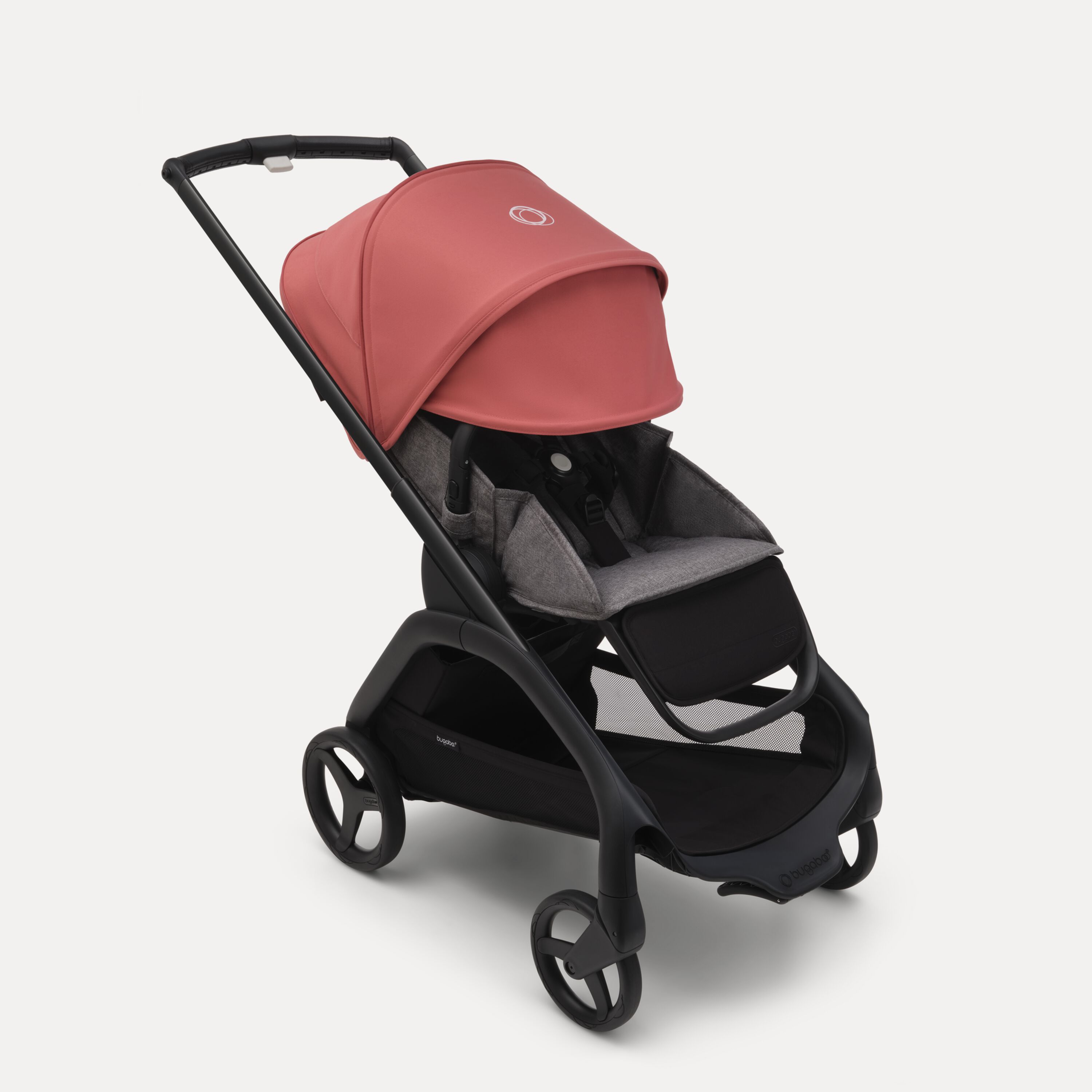 Bugaboo Dragonfly seat stroller with black chassis, grey melange fabrics and sunrise red sun canopy. The sun canopy is fully extended. - Main Modal Image Slide 3 of 16