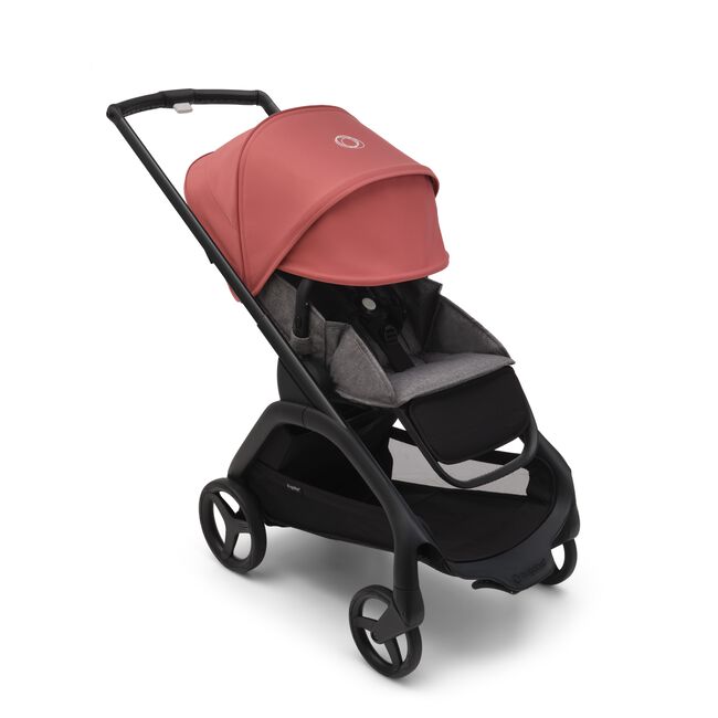 Bugaboo Dragonfly seat stroller with black chassis, grey melange fabrics and sunrise red sun canopy. The sun canopy is fully extended. - Main Image Slide 4 of 18